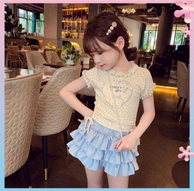 [HẰNG KIDS] SET ÁO TĂM RÚT DÂY HOA NHÍ KÈM CHÂN VÁY TẦNG XANH BIỂN CHO BÉ 8-30KG