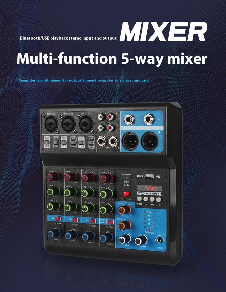 Product Introduction of Mixer 5-way computer recording Free drive sound card Live home stage Bluetooth USB DJmixer mixer 6