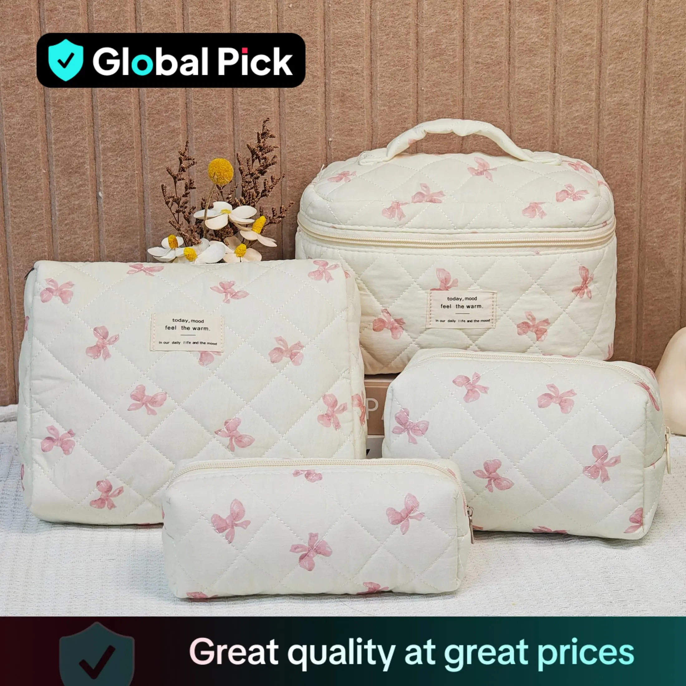 4 Counts Quilted Makeup Floral Bag Set, Bow Shopping Bag, Different Sizes Cosmetic Storage Bag, Zipper Makeup Organizer Pouch, Versatile Storage Bags for Travel, Office, Home, Gifts for Girlfriend, Mother's Day Gift, Makeup Brushes Bag