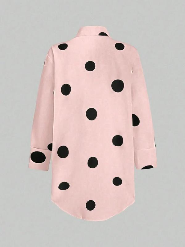 Women's Polka Dot Print Curved Hem Shirt, Casual Button Front Long Sleeve Top for Summer, Fashion Women's Top for Daily Wear, Blouse 1