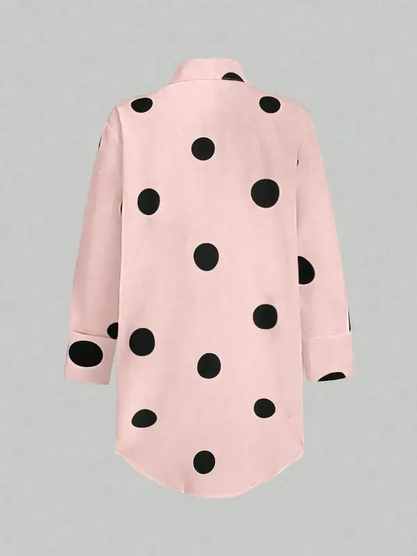 Women's Polka Dot Print Curved Hem Shirt, Casual Button Front Long Sleeve Top for Summer, Fashion Women's Top for Daily Wear, Blouse 1