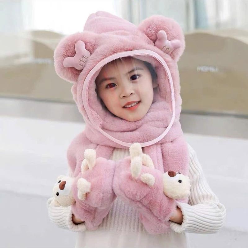 Mũ Len Trùm Đầu Tai Gấu Có Kính Chắn Gió,Bụi,Kèm Bao Tay Con Gấu,Chất Liệu Lông Thỏ Dày Dặn Mềm Mịn[Tay Gấu Có Kính]