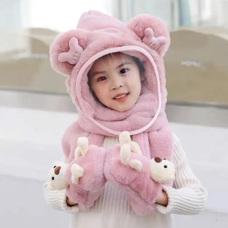 Mũ Len Trùm Đầu Tai Gấu Có Kính Chắn Gió,Bụi,Kèm Bao Tay Con Gấu,Chất Liệu Lông Thỏ Dày Dặn Mềm Mịn[Tay Gấu Có Kính] 0