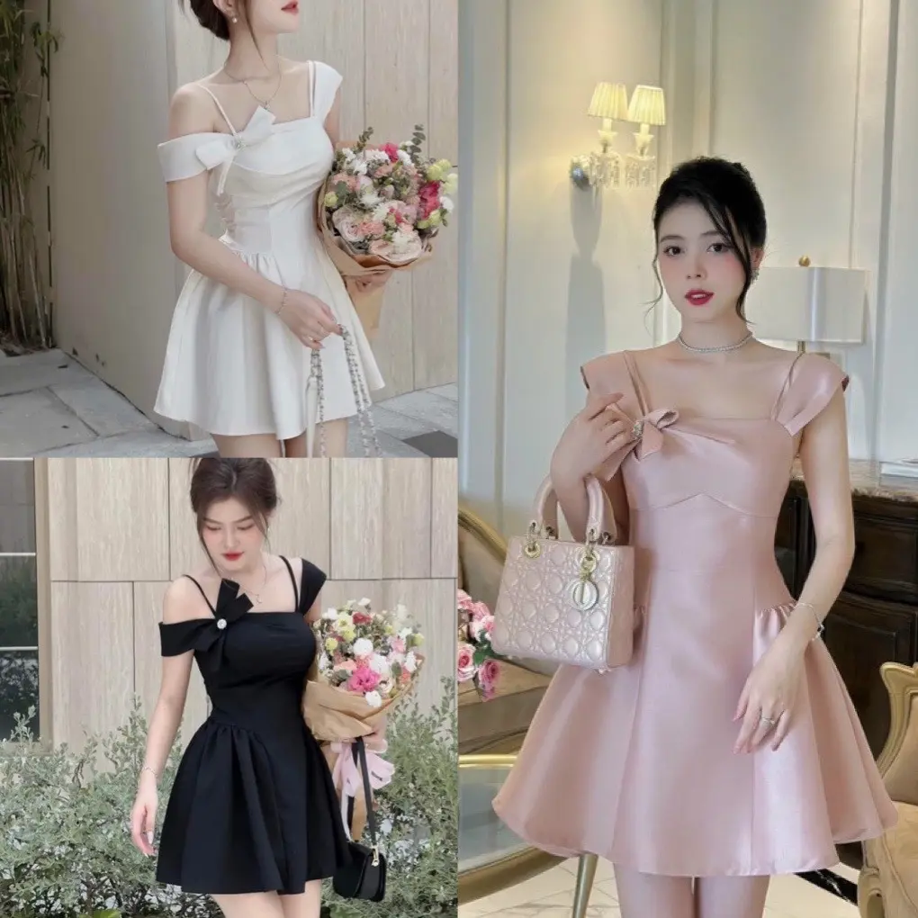 Váy dự tiệc trễ vai nơ lệch 2 dây chất tafta đen hồng trắng, đầm nữ xoè tiểu thư đi chơi đám cưới kỷ yếu sang chảnh, SUKA SHOP