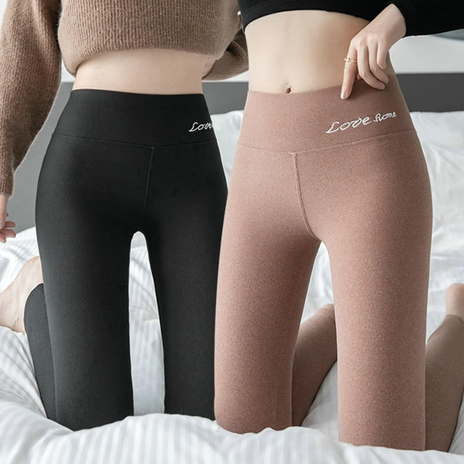 Quần Legging Cạp Cao Thêu Chữ Cho Nữ, Quần Legging Dày Không Đường May, Lót Lông Cừu Màu Trơn, Quần Giữ Nhiệt, Thời Trang Dạo Phố, Thu Đông