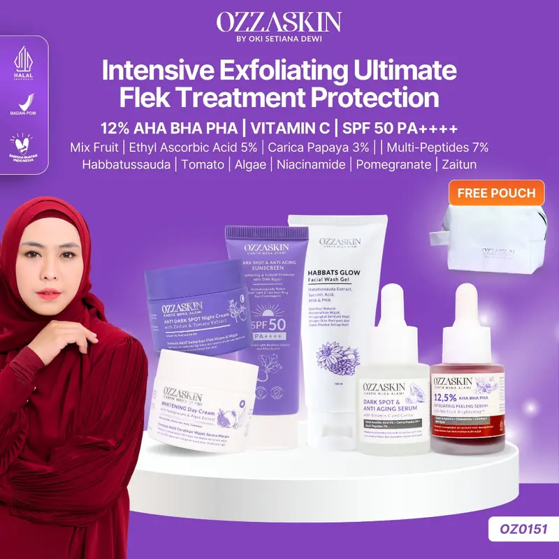 Ozzaskin Official Intensive Exfoliating Ultimate Flek Treatment Protection Free Pouch 1Pcs Facial Wash, 1Pcs Sunscreen, 1Pcs Ultimate Day Cream , 1Pcs Ultimate Night Cream, 1Pcs Dark Spot & Anti Aging Serum Vit C and Carica, 1Pcs Exfoliating Peeling Serum 0