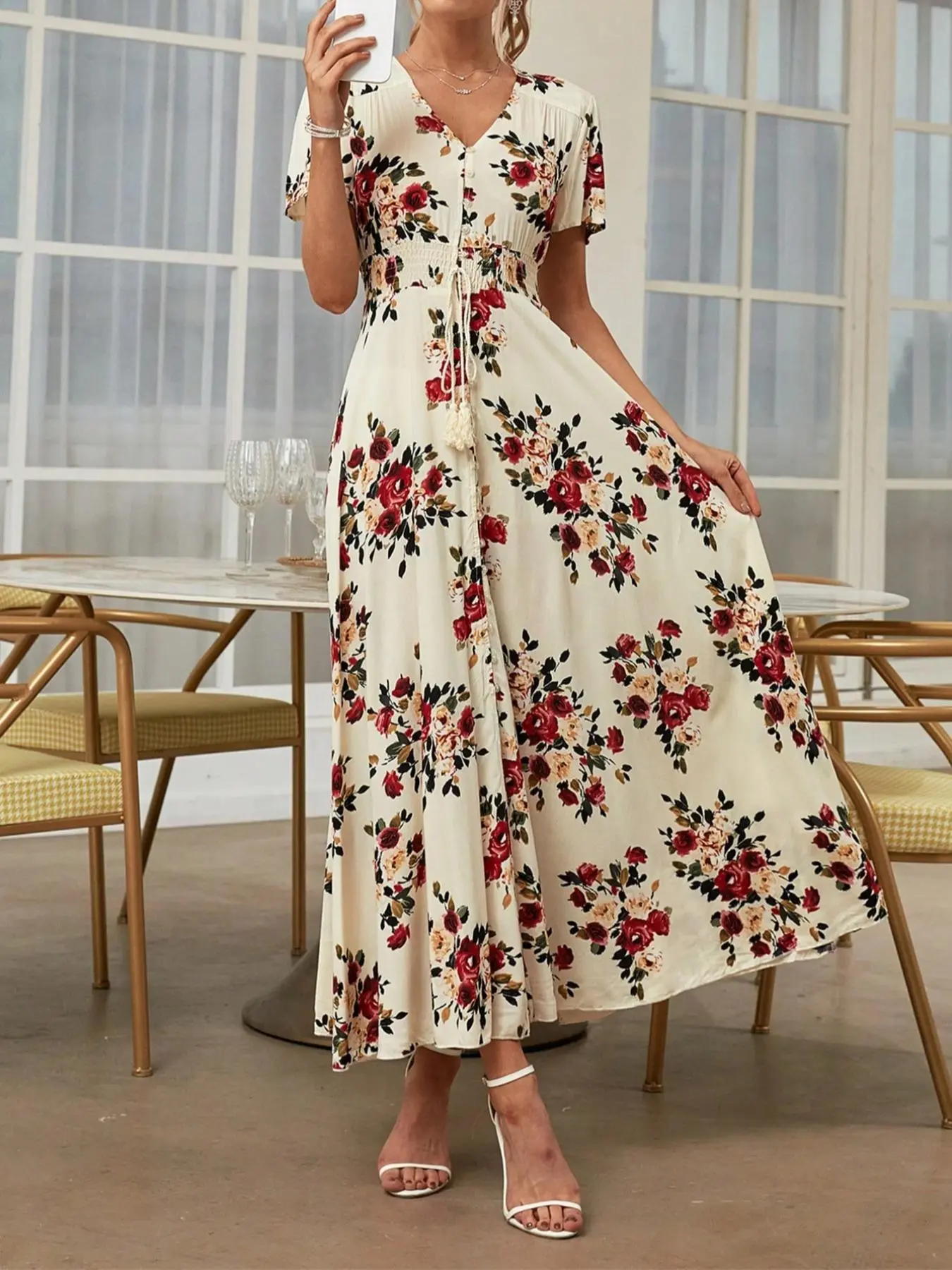 Floral Print Tie Button Front A Line Long Dress, Sun Dress, Frenchy Style Dress in Club, Dresses, Boho V Neck Long Milkmaid Dress, Homecoming Dresses, Dresses for Women