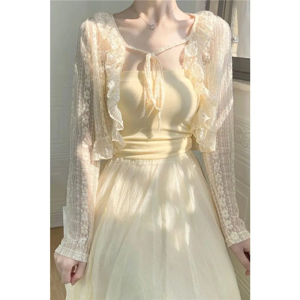 Áo Cardigan Buộc Dây Ren Màu Mơ, Với Cổ Áo Ren, Chống Nắng, Áo Điều Hòa, Mỏng, Thích Hợp Cho Mùa Hè, Dễ Phối Đồ, Phong Cách Nhẹ Nhàng Và Thanh Lịch, Khăn Choàng, Năm 2025
