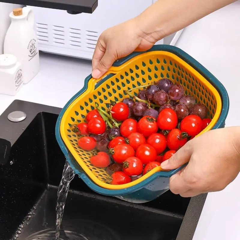 Keranjang Wadah Cuci Buah Sayur 2 Layer Drain Basket Baskom Serbaguna 0