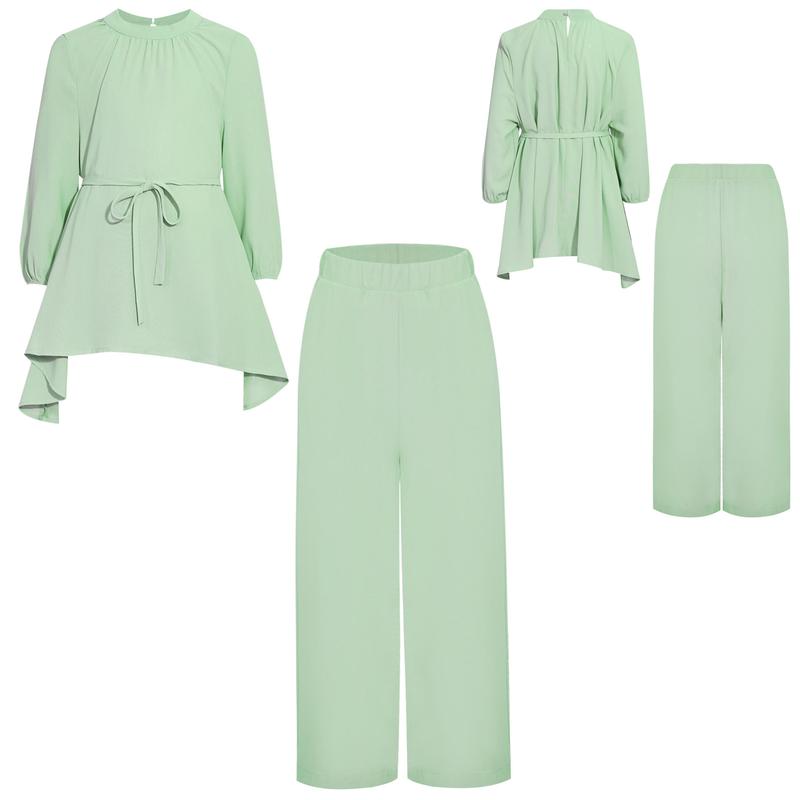 Sholeno Kids Girls Casual Muslim Outfit Round Neck Long Sleeve Loose Ruffled Top with Wide-Leg Pants Belt 5