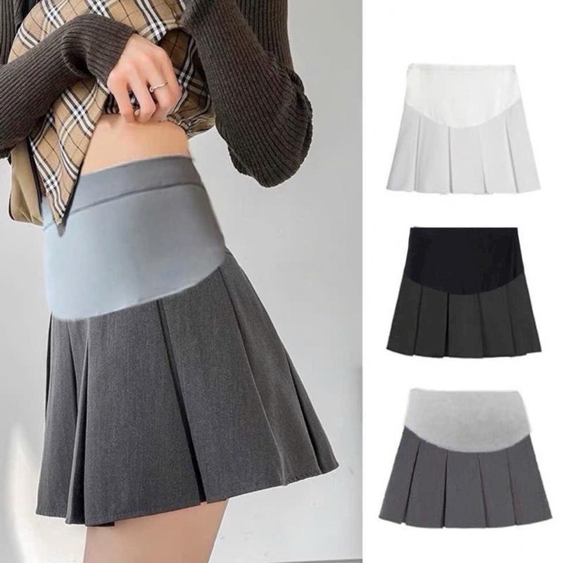 Chân váy bầu xếp li ngắn trên gối có lót trong,có đáp và chun điều chỉnh vòng bụng 4