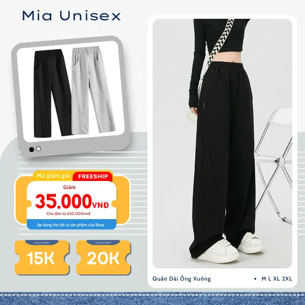Quần suông ống rộng sọc gân nam nữ, quần dài ống suông jogger unisex vải thun da cá dày dặn
