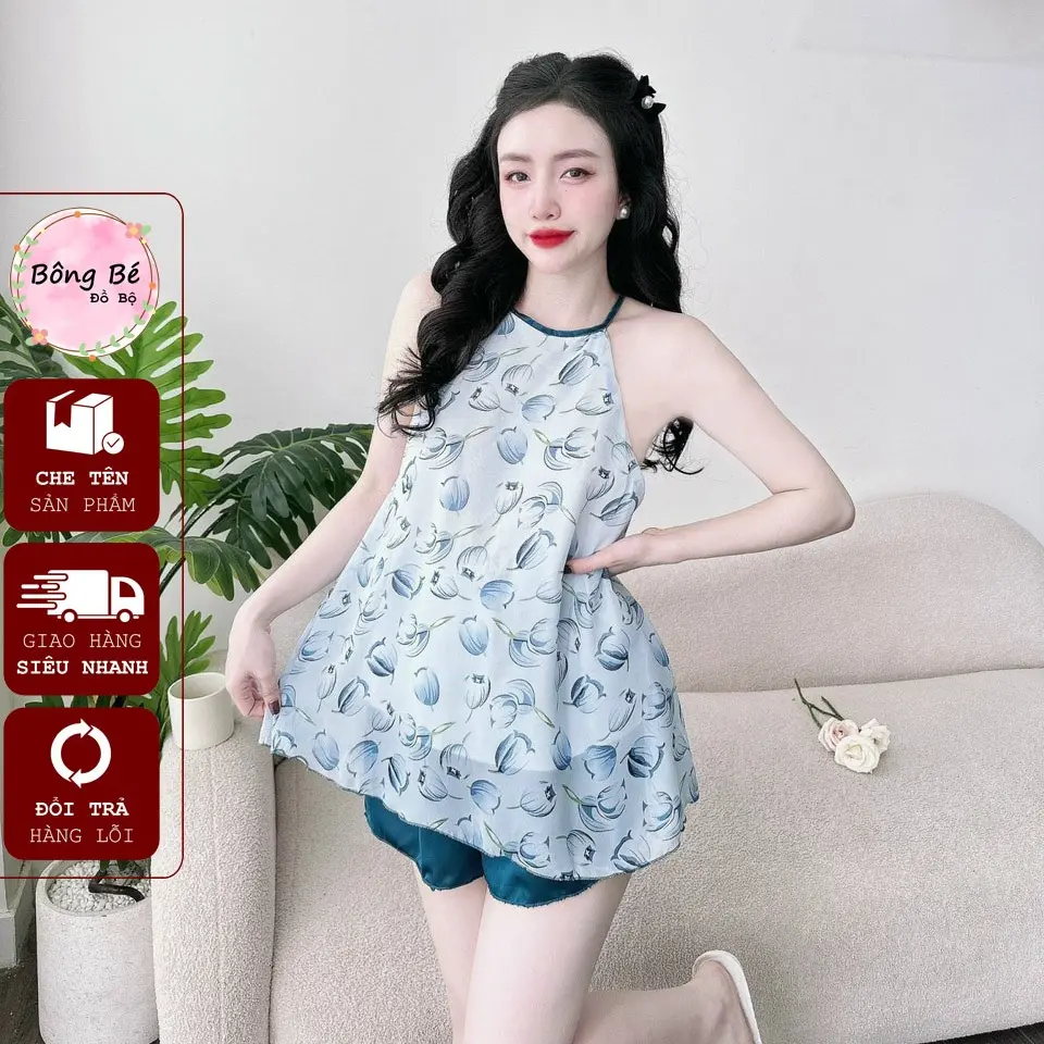 [SALE DỌN KHO] N34 Đồ ngủ nữ, đồ bộ cổ yếm voan hoa mặc nhà xinh xắn