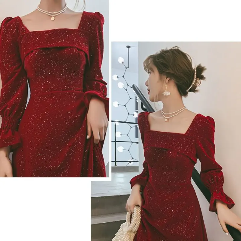 Bộ Đồ Ăn, Hàng Mới Về Mùa Thu Và Mùa Đông, Dài Và Thanh Lịch, Cổ Vuông, Váy Màu Đỏ Rượu Vang, Eo Bó Sát, Thích Hợp Mặc Hàng Ngày, Phong Cách Thanh Lịch 2