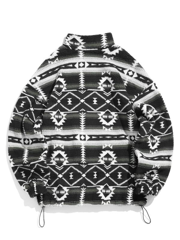 Women's Vintage Ethnic Pattern Drawstring Zip Up Coat, Fashion Cozy Drop Shoulder Long Sleeve Full Zip-up Teddy Outerwear, Trendy Women's Clothes, Y2k Workwear Outfits Streetwear, Balkan School Outfits, Ethnic Clothing UK 8