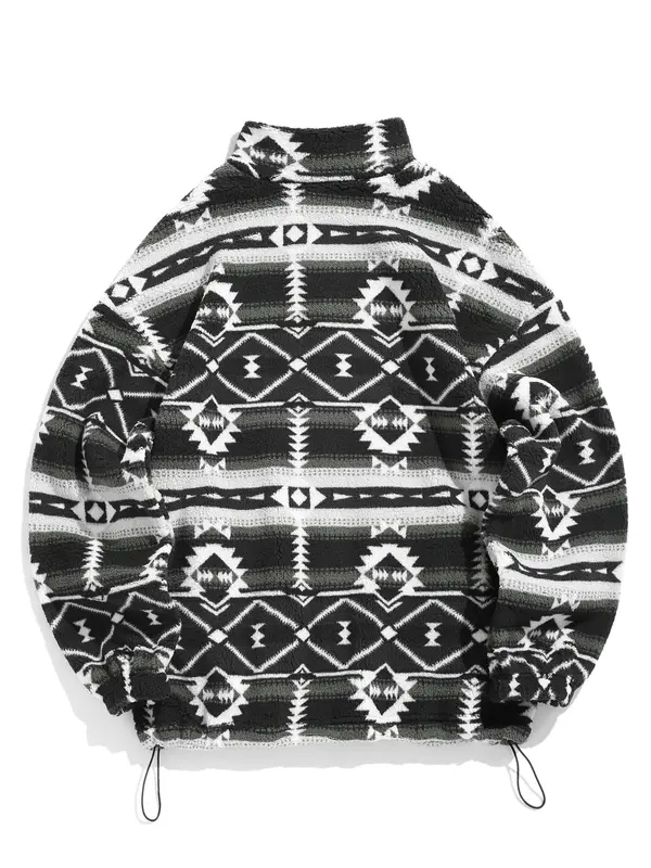 Women's Vintage Ethnic Pattern Drawstring Zip Up Coat, Fashion Cozy Drop Shoulder Long Sleeve Full Zip-up Teddy Outerwear, Trendy Women's Clothes, Y2k Workwear Outfits Streetwear, Balkan School Outfits, Ethnic Clothing UK 8