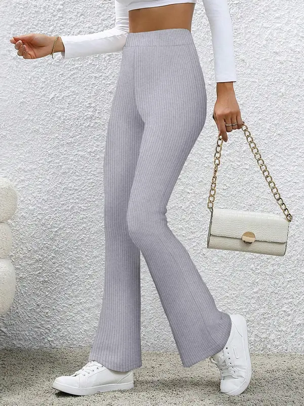 Women's Solid Color Flare Leg Pants, Casual Comfy High Waist Bell Bottom Trousers for Daily Wear, Ladies Bottoms for All Seasons 0