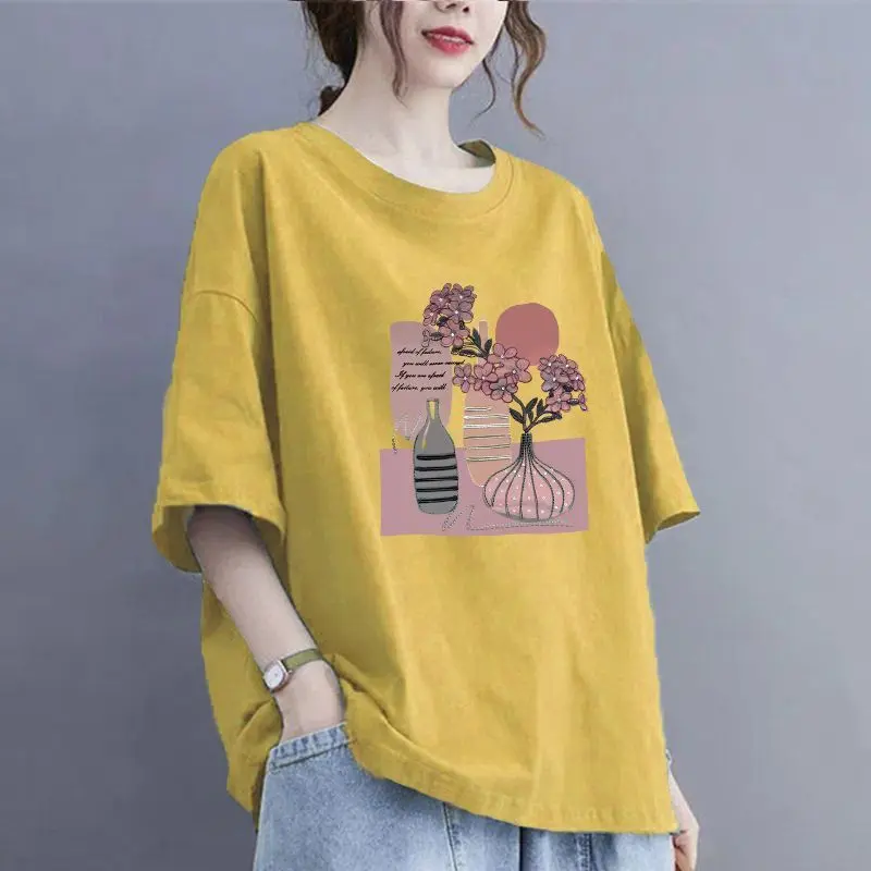 Áo Thun Cotton, 100% Cotton, Cỡ Lớn (100kg), Dáng Rộng Vừa Vặn, Cổ Tròn, Dễ Phối Đồ Áo Ngắn Tay, Thiết Kế In Hình, Phong Cách Thường Ngày Dành Cho Nữ, Mùa Hè