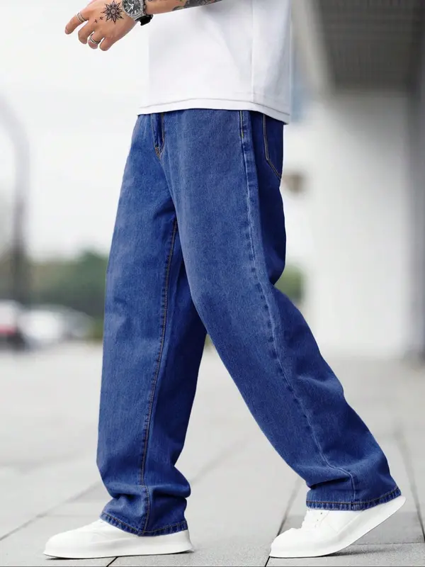 Men's Solid Color Wide Leg Jeans, Loose Casual Comfy Denim Trousers for Daily Wear, Fashion Men's Bottoms for All Seasons, Cotton, Casual Pants 8