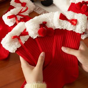 ถุงเท้าคริสต์มาส มาใหม่ ลูกบอลผมลูกไม้สีแดง สำหรับผู้หญิง รวมกล่องของขวัญ