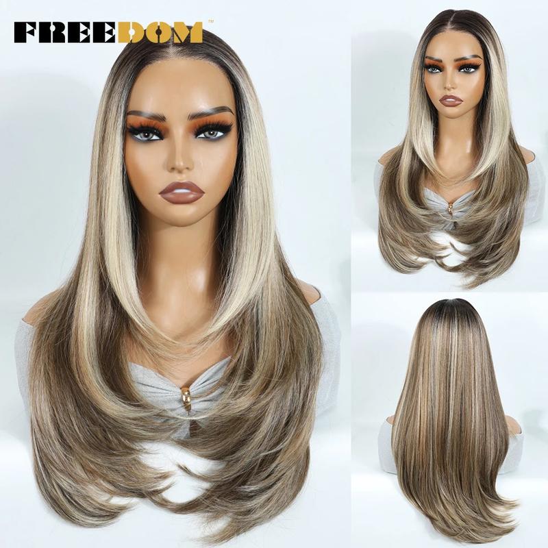 Product Introduction of Synthetic Lace Front Wigs For Black Woman Layered Straight Wear and Go Glueless Wigs Ombre Brown T Part & 6x4 Pre Plucked Wig 16