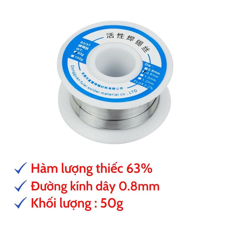Thiếc hàn SN63 63% 0.8mm 50g cho mỏ hàn thiếc, hàn linh kiện điện tử