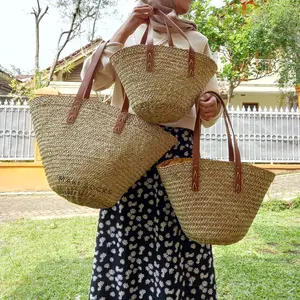 Tas Anyam Wanita Etnik Bahan Mendong Alami Natural Awet Model Tote Tali Kulit Vinyl