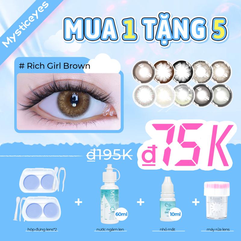 (Mua 1 tặng 5) Kính áp tròng 14mm/14,2mm/14,5mm mysticeyes, hàm lượng nước 40%, dùng một lần nửa năm, dung dịch bảo vệ mắt miễn phí, thuốc nhỏ mắt, hộp đựng kèm theo