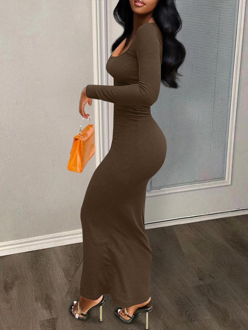 Product Introduction of Women's Solid Color U Neck Bodycon Dress, Casual Fashion Long Sleeve Dress for Daily Outdoor Wear, Ladies Clothes for All Seasons 5