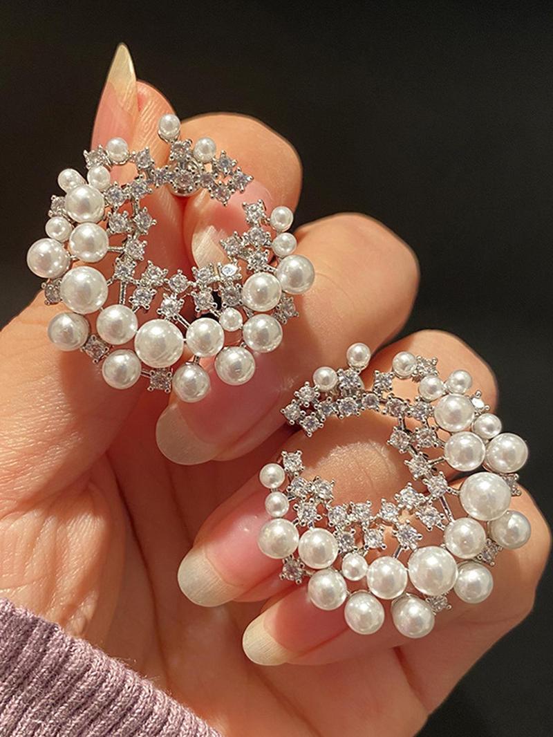 Product Introduction of Faux Pearl & Rhinestone Decorated C-shaped Earrings, Elegant Jewelry for Women & Girls, Trendy All-match & Exquisite Jewelry for Birthday Gift 8