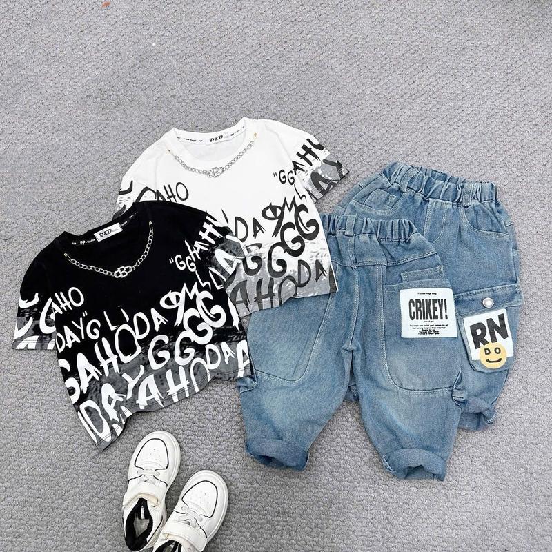 Sét Áo Thun, Quần Bò Mềm, hai màu đen trắng cho bé trai, 8-28kg