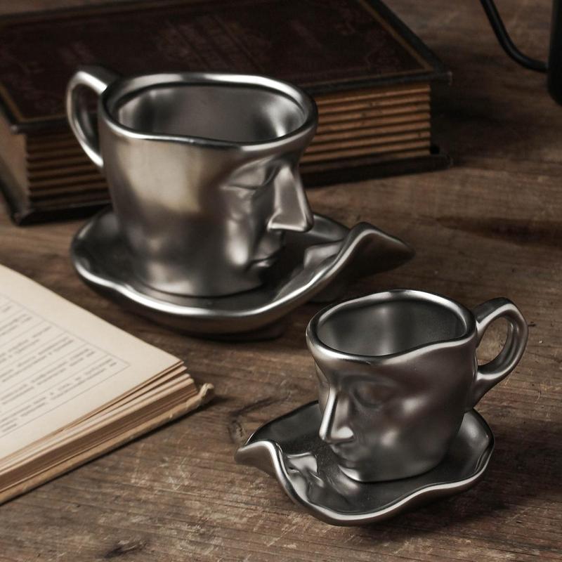 Creative Face Design 250ml Coffee Cup & Saucer Set, 2pcs Ceramics Coffee Mug for Table Novelty Coffee Cup Set for Home Office, Gift Ideas 3