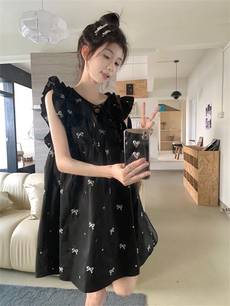 Product Introduction of JLYDQ*Sweet doll skirt with small flying sleeves, black dress for women in summer, loose ruffled hem, belly covering, short skirt, cute jumpsuit, short skirt 7
