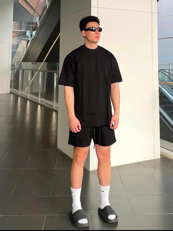 Bộ quần áo short ngắn tay sương mù phù hợp với nam giới mùa hè dáng rộng giản dị, áo thun thể thao cotton nguyên chất dành cho cặp đôi bodo nam nu 6