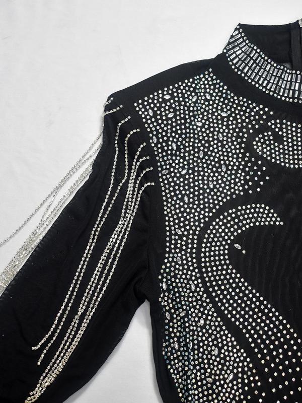 Women's Rhinestone Decor Zipper Back Sheer Mesh Jumpsuits, Fashion Long Sleeve Stand Collar Jumpsuit for Party Club Dating, Women's Clothing for Spring & Fall 3