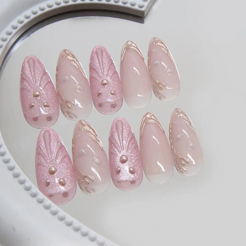 3D Shell & Water Drop Decor Fake Nails with Nail File & Tape, 24pcs/box Short Almond False Nails for Women & Girls DIY Nail Art, Effortless Press on Nails Manicure Set 3