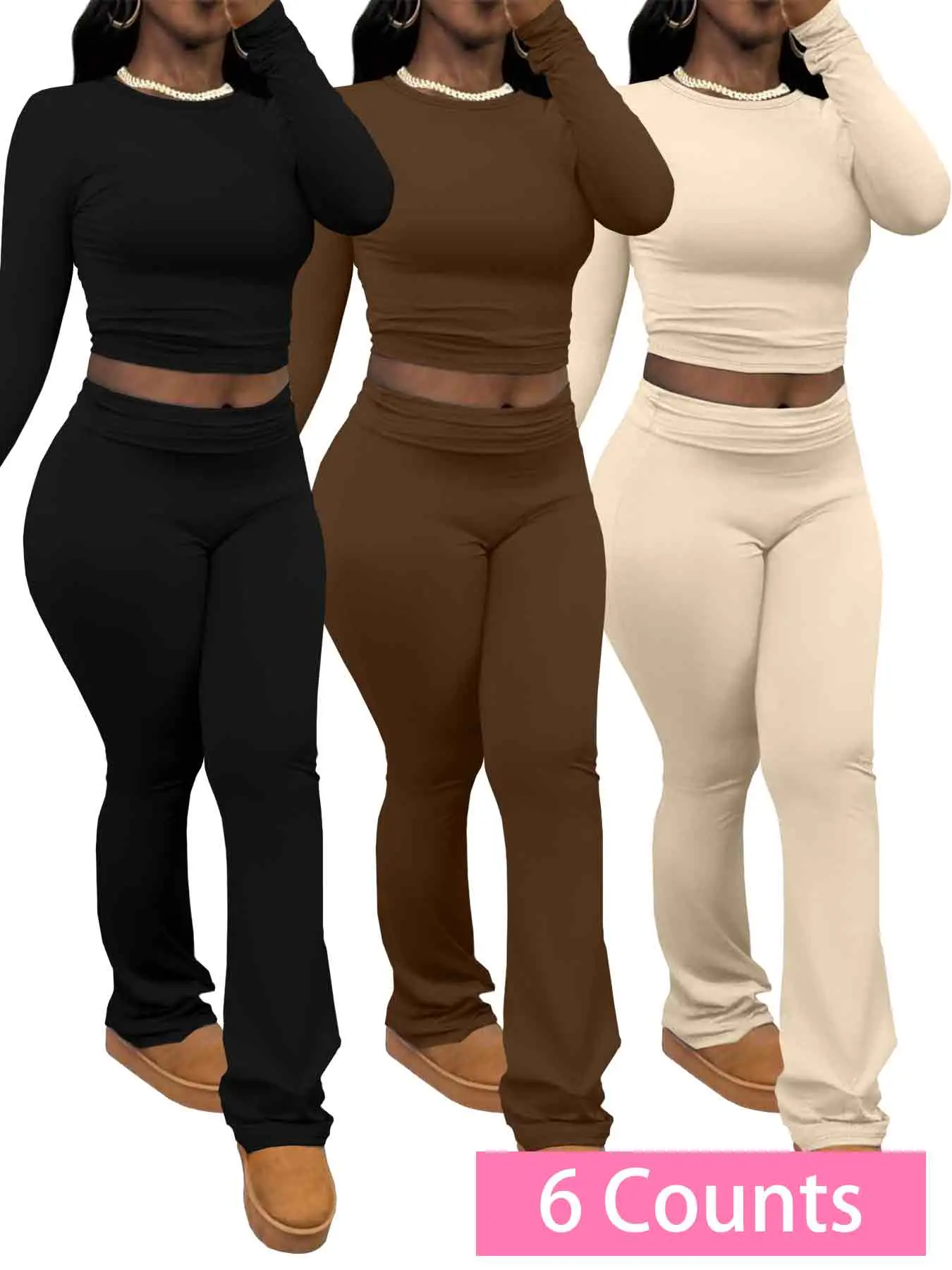 Women's Solid Long Sleeve Crop Tee & Flare Leg Pants Two-piece Set, Travel, Casual Round Neck Top & Bell Bottom Trousers for Spring & Fall, Co-ords Set, Women's Clothes for Daily Wear