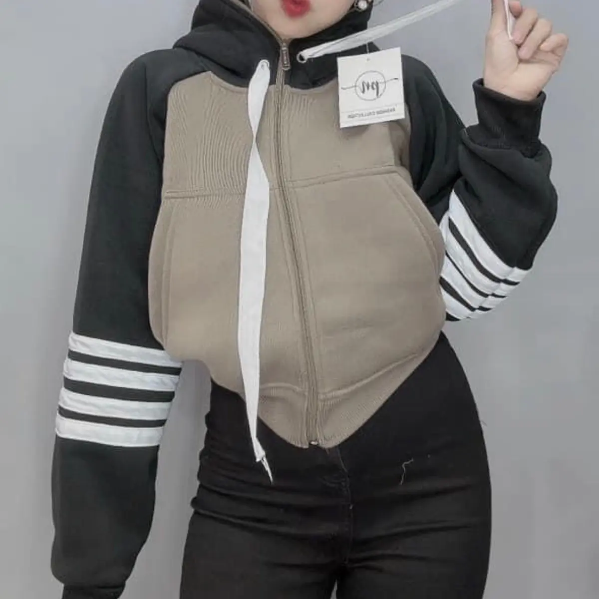 ÁO KHOÁC NỈ MỎNG RAP LANG,VIỀN TAY SỌC NGANG,3 TÚI