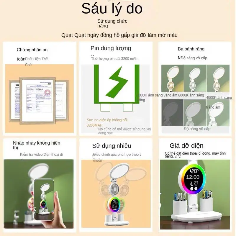 Đèn Học, Đèn Ngủ, Đèn Làm Việc loại mới nhất QUẠT, ĐỒNG HỒ, ĐÈN 3 CHẾ ĐỘ MÀU SÁNG TỐI, có Pin. SỈ, LẺ. ALO Shop 6