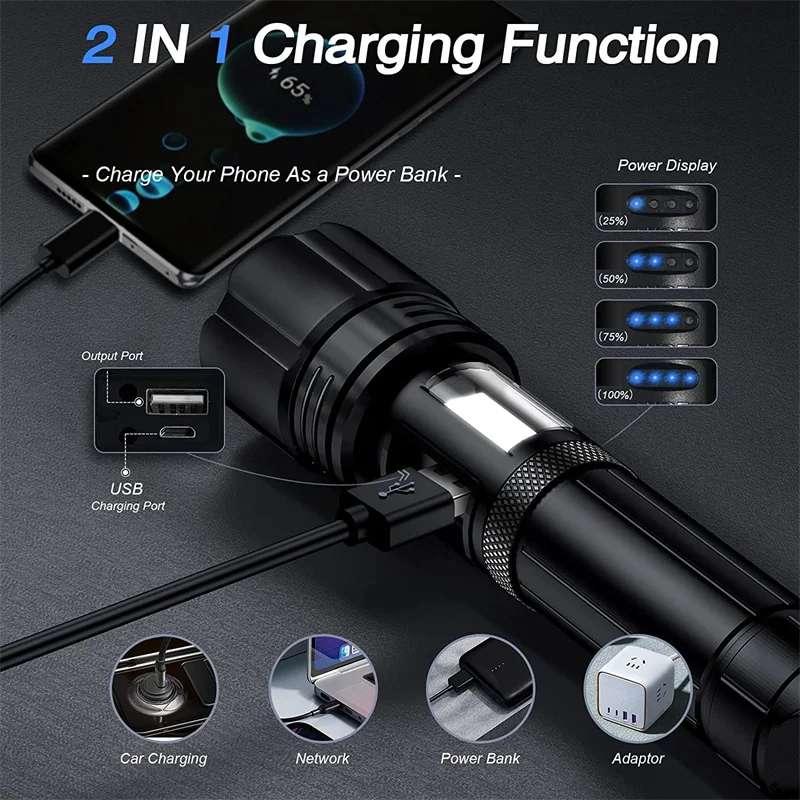 Portable Flashlight, USB Rechargeable Bright Outdoor Handheld Flashlight, Zoomable Lighting 200 Meters, Suitable for Camping, Hiking, Daily Emergency Lighting 5