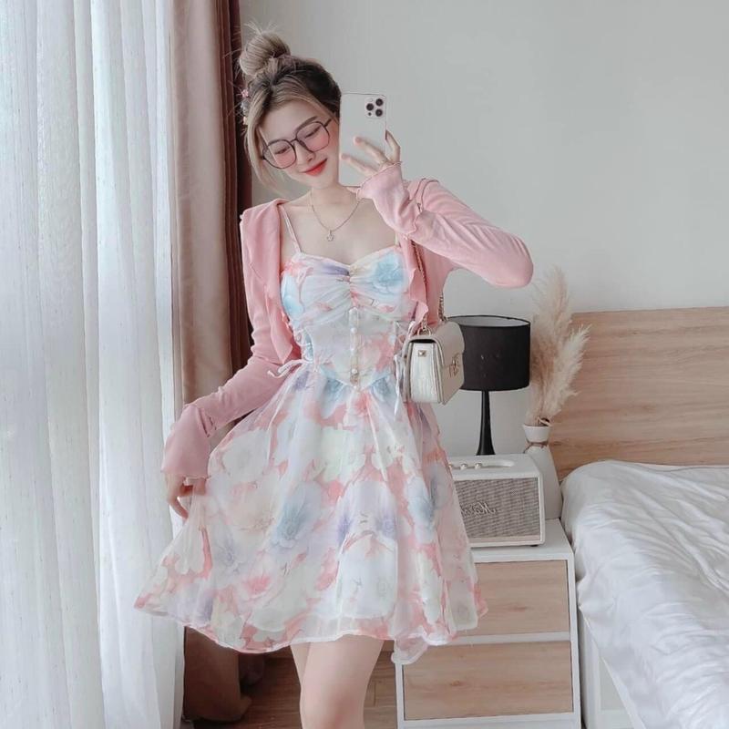 1Q66 SET Đầm Nữ 2 Món Gồm Đầm Hoa Voan Hai Dây dáng ngắn kèm áo khoác Xinh Xắn (eo 60-72cm) Dress Women - Botstore