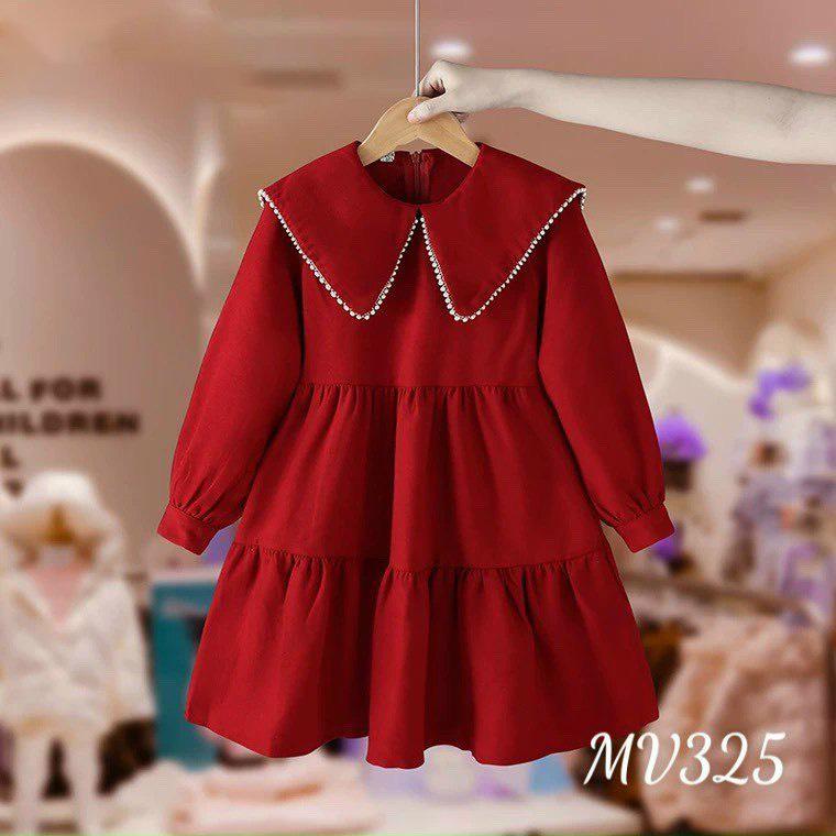 Váy Đỏ Cho Bé Gái The Pig ( 8 - 35 kg ) Váy Tay Dài Màu Đỏ Đô Mùa Noel - Tết . Chất Text Nhung Loại 1 Siêu Mềm Mịn