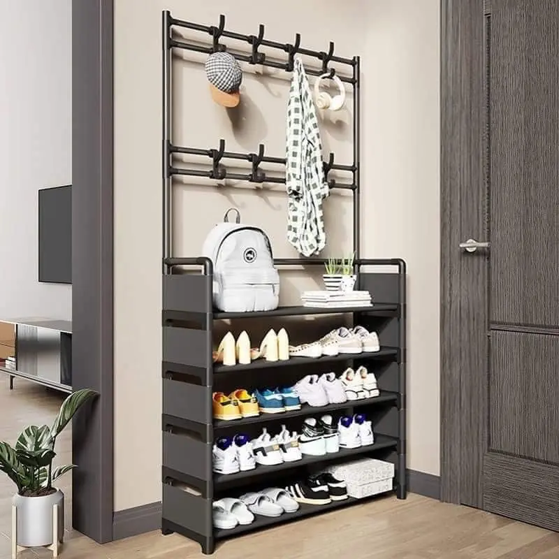 Kệ giầy chữ H 4 tầng sơn tĩnh điện kèm móc treo đồ( ống inox trắng)