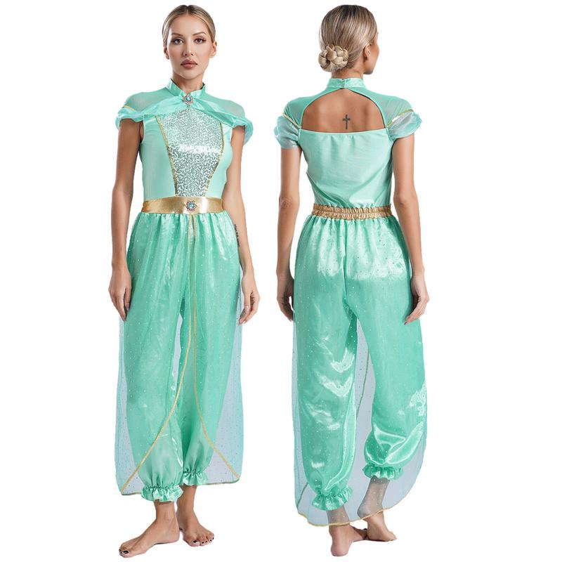 dPois Women Girls Arabian Princess Rompers Belly Dance Costume Cosplay Halloween Adult Fancy Dress Up 7