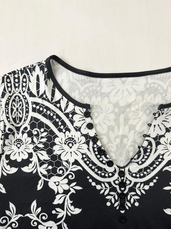 Plus Size Paisley Print Button Front Tee, Boho Notched Neck Flounce Sleeve Top for Women, Women's Plus Clothing for All Seasons 4