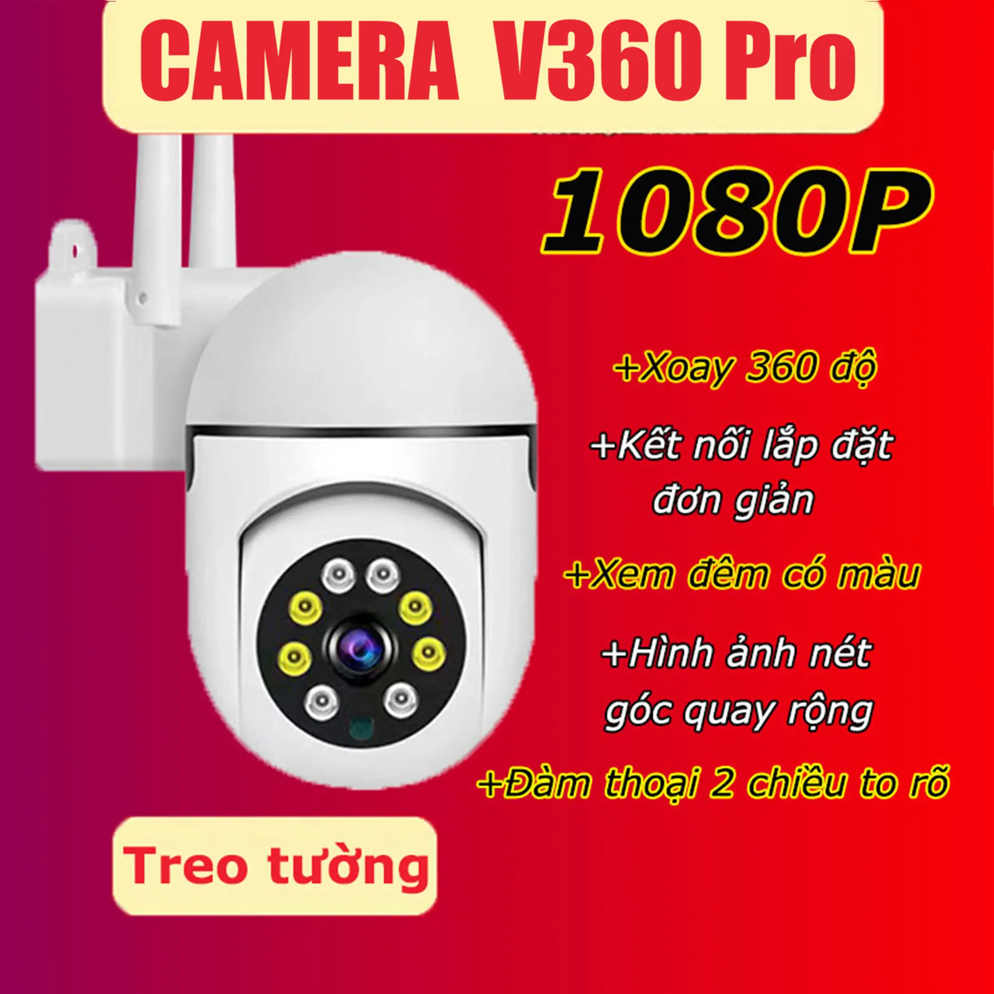 Camera giám sát gắn tường CCTV 2.4GWIFI 1080P xoay 360 độ đàm thoại hai chiều