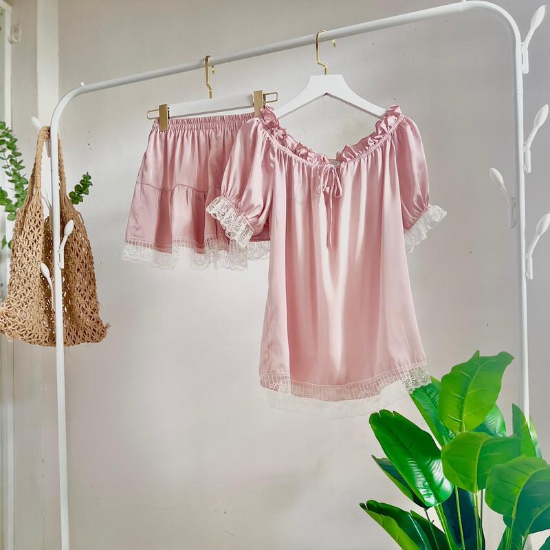 Bộ Đồ Ngủ, Áo Cổ Bèo Tay Ngắn Quần Ngắn Cho Nữ, Chất Liệu Lụa, Mền, Mịn Mát, TN02 Women Trắng macnha  set 4