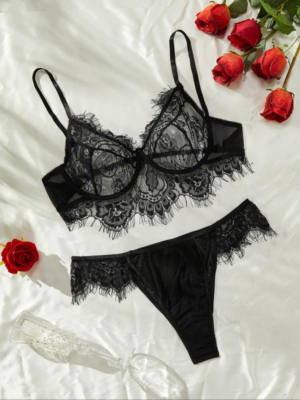 【Plus Size】 Contrast Lace Bra & High Cut Panty, Soft Comfortable Breathable Lingerie Set for Daily Wear, Women's Underwear Set for All Seasons 0