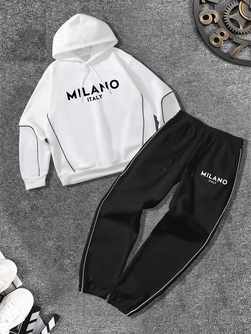 Product Introduction of Men's Plush Lined Letter Print Contrast Binding Hoodie & Drawstring Waist Sweatpants Two-piece Set, Loose Casual Comfy Thermal Warm Long Sleeve Drawstring Hooded Sweatshirt & Pocket Jogger Pants, Two-piece Outfits for Fall & Winter 1