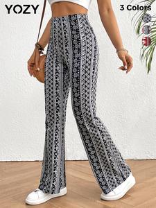 YOZY Boho Ethnic Pattern High Waist Flare Leg Pants/ Casual High Rise Bell Bottom Trousers, Fall&Winter Clothes